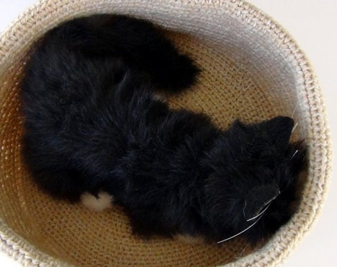 Beige Basket, Made in Maine Crochet Soft Sided Cat Bed, 16" Handmade Basket
