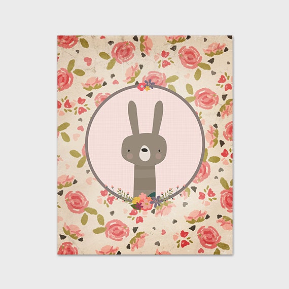 Rabbit Nursery Art Print, 8x10 PRINTABLE, Vintage Floral Nursery Decor, Instant Download, Nursery Animal, Hand-drawn Rabbit, Girls Room