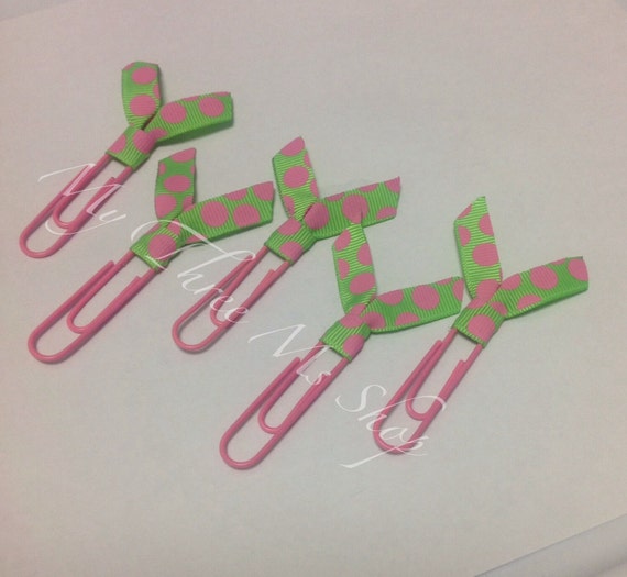 Pink Green Bookmarks Ribbon Bookmarks Paperclip by MyThreeMsShop