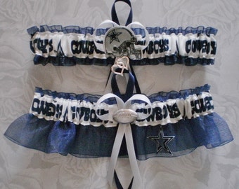Dallas Cowboys Fabric White And Blue Wedding Garter Set Prom Football Double Heart Charms