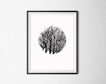 Tree Art Print/ Original Art/ Black and White Print/ Nature Drawing/ Ink Illustration/ Autumn Home Decor/ Pen Drawing/ Forest Landscape