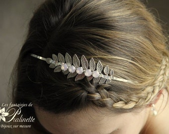Headband déesse grècque branchage feuilles de laurier argentées et cristaux - Silver tone leaf headband and rose water opal rhinestones