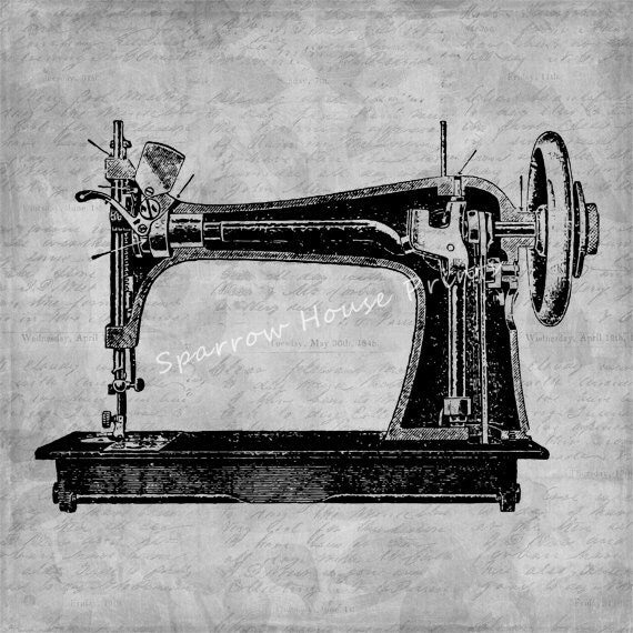 Antique Art Sewing Machine Artwork Sewing Home Decor Vintage Print with Floral Script B&W