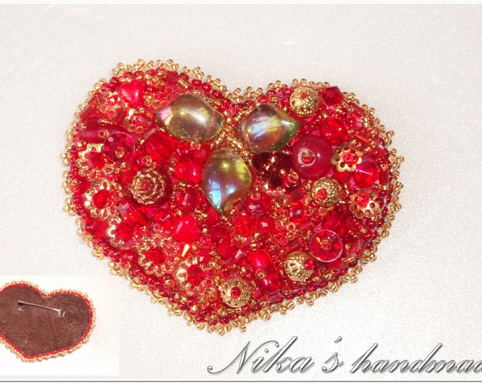 Red heart brooch emboridered with Czech beads and crystals, glass and metal beads and metal hardware, red heart pin, valentines day gift