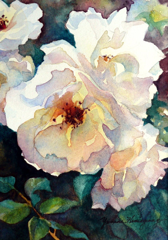 White Roses Painting-Original Watercolor by YvonneHemingway