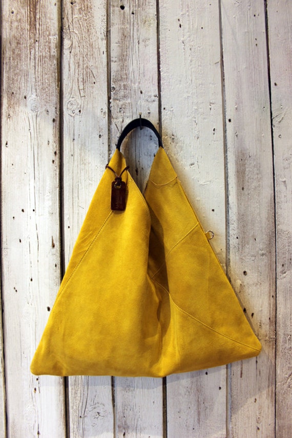 Handmade Italian yellow Suede Leather Handbag TRIANGLE