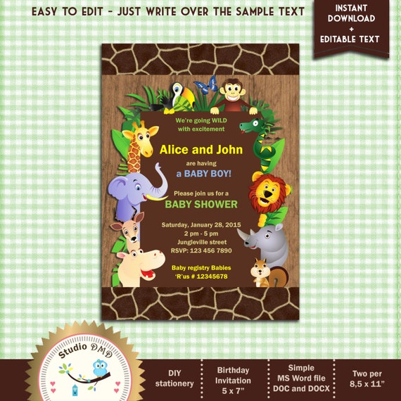 Jungle Animal Safari Baby Shower Invitation Printable DIY