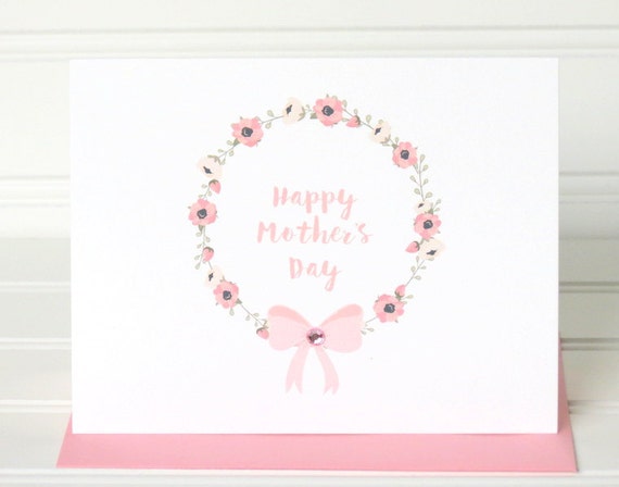 Mother’s Day Greeting Card with Pink Floral Wreath, Matching Colored Envelope, Seal, Postage Stamp, and Personalized for the Recipient