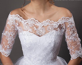 Off-Shoulder Wedding Lace Bolero Jacket 1/2 sleeves embroidery off-the-shoulder bolero wedding lace E1403B back fastening - tied backwards