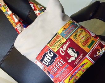 Medium Grey Canvas tote bag with a Retro Coffee fabric. Ideal for a carry on bag when flying. Many fabric options. Custom Made to order.