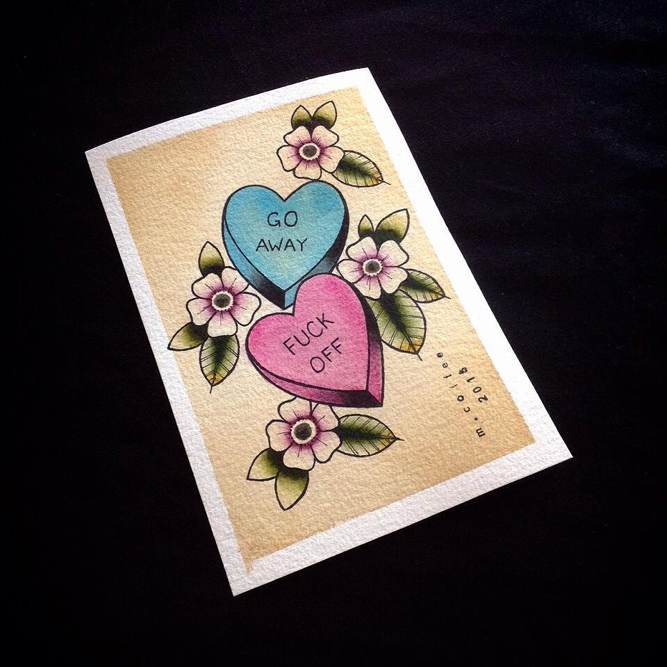 Offensive Conversation Hearts Tattoo Flash Original Watercolor