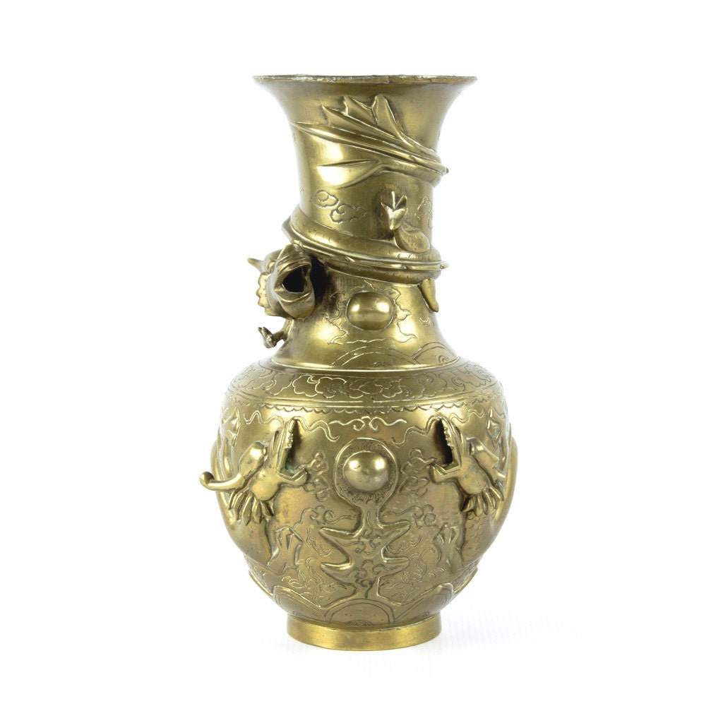 Gorgeous Antique Large Brass Chinese Brass Vase With Dragons 4897