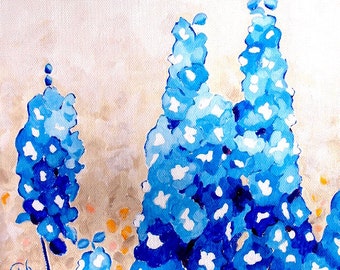 Delphinium Steeples Blue Flower Original Botanical Painting Acrylic on Canvas 10"x10"