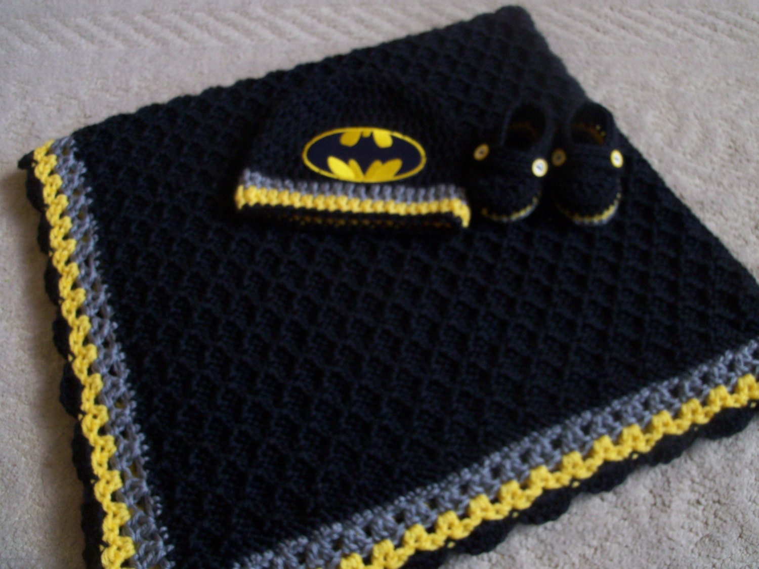 Knit/Crochet Batman Personalized Baby Blanket Hat and Booties