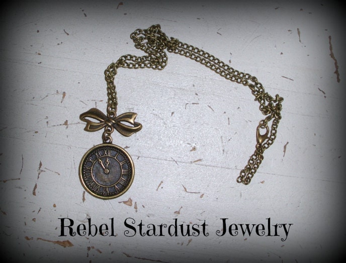 Bronze Steampunk / Alice In Wonderland clock necklace with cute butterfly bow