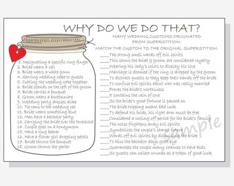 Why do we do that? Printable Cards - Bridal Shower Game DIY - Rustic Mason Jar Design - red, purple, pink & yellow hearts with answer key