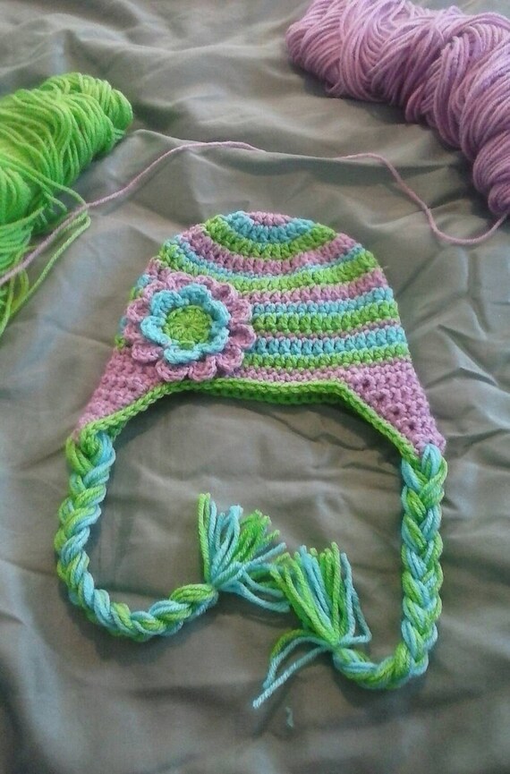 Crochet Earflap Beanie with Braids and Flower by KnotSoWiney