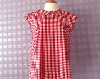 Gingham red and white cotton Peter Pan collar blouse
