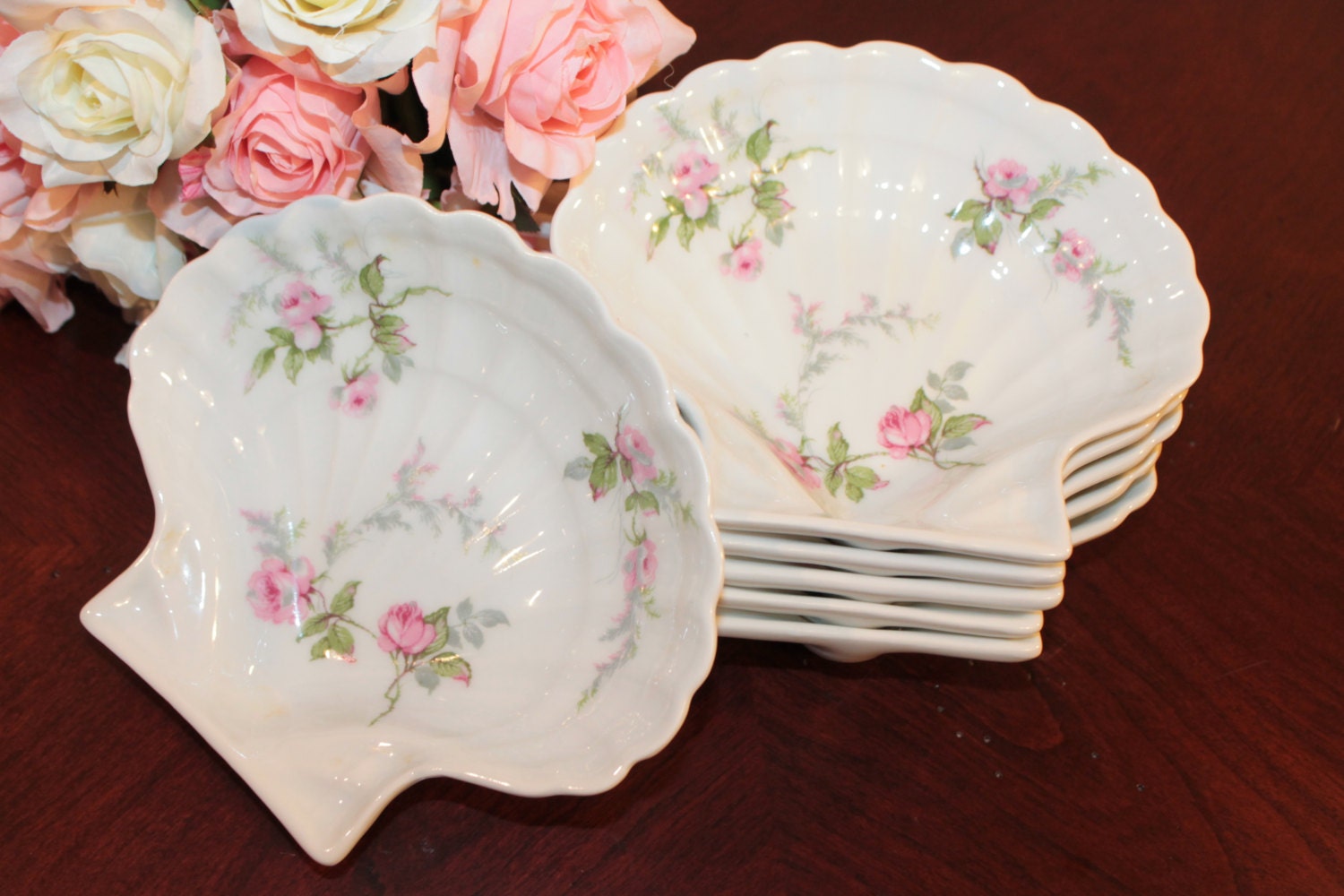 SIX Haviland Limoges Shell Dishes Pink Roses Haute Juice