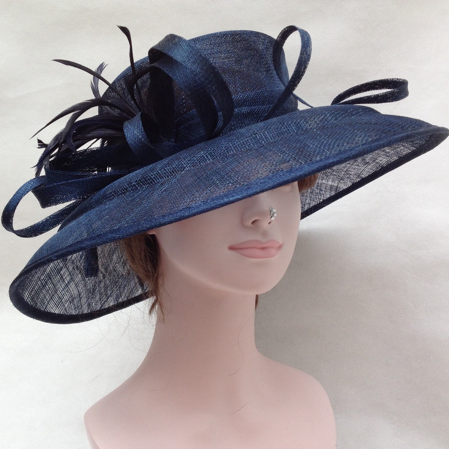 Kentucky Derby Church Tea Wedding Hat Sinamay w Feathers Wide
