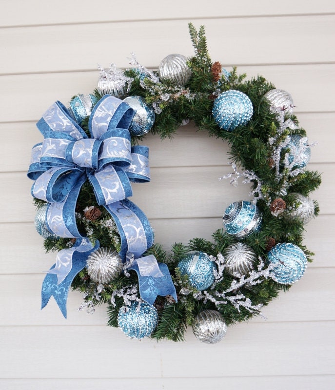 Christmas Wreath, Winter Wreath, Blue Satin Wreath, Ice Blue Wreath, Blue Christmas Wreath, Blue Ornaments, Blue and White Wreath