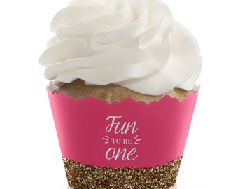 Fun to be One - 1st Birthday Girl Cupcake Wrappers - First Birthday Party Cupcake Supplies - Set of 12 Pink and Gold Cupcake Liners