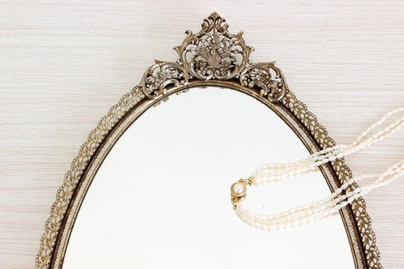 Antique Gold Mirror Tray Vanity Oval - Floral Flower Filigree Trim Rim - Jewelry Display - Hollywood Regency - Wall Hanging Girl Nursery