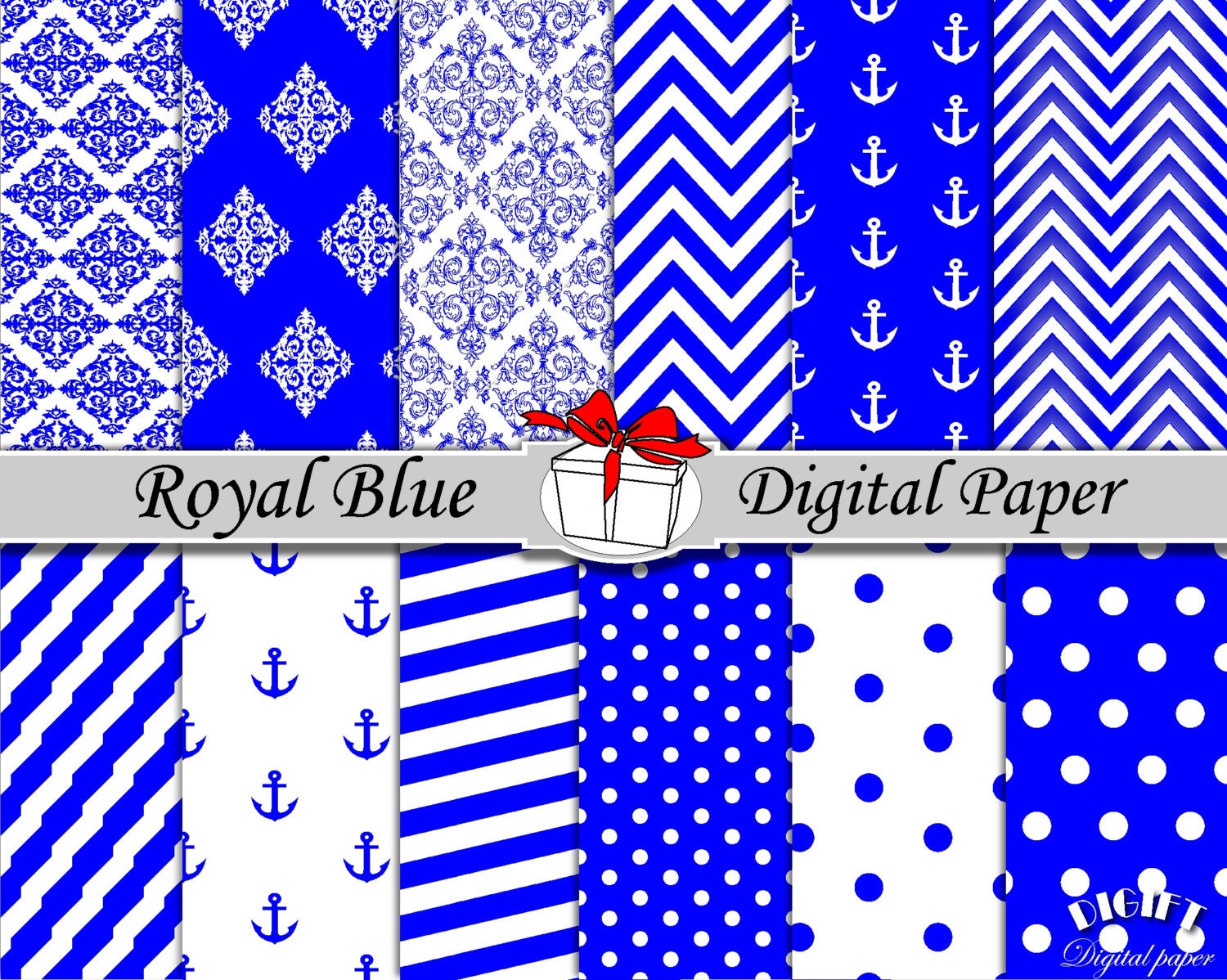 Royal Blue digital paper Blue damask Royal blue chevron Blue