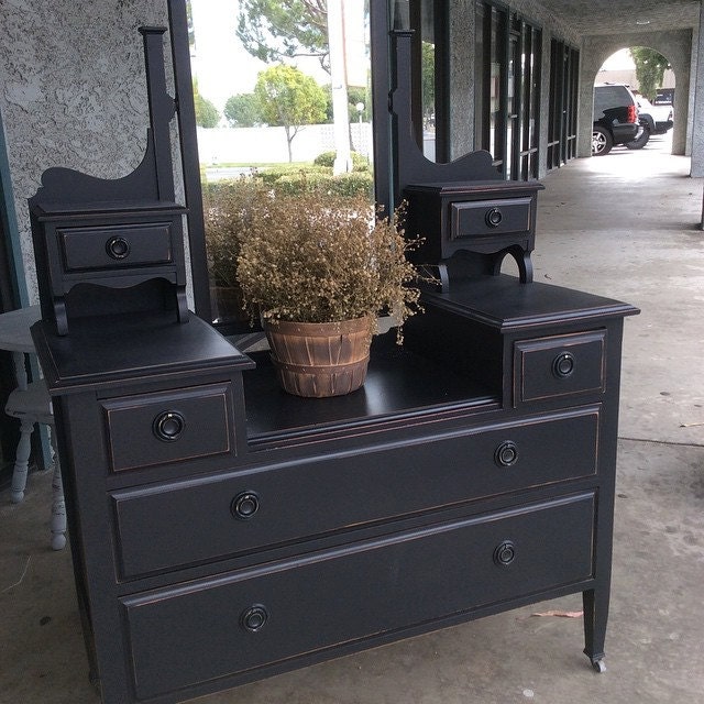 vintage antique black distressed solid wood vanity with mirror 