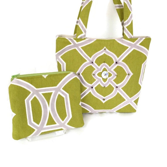 Green fabric handbag, Spring green purse, Geometric print tote ...