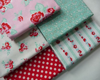 Fat Quarter Bundle, Penny Rose Milk Sugar & Flower Fabric Bundle, Red, Pink and Mint Green Fabric, Riley Blake Designs, 1930s Cotton Fabric