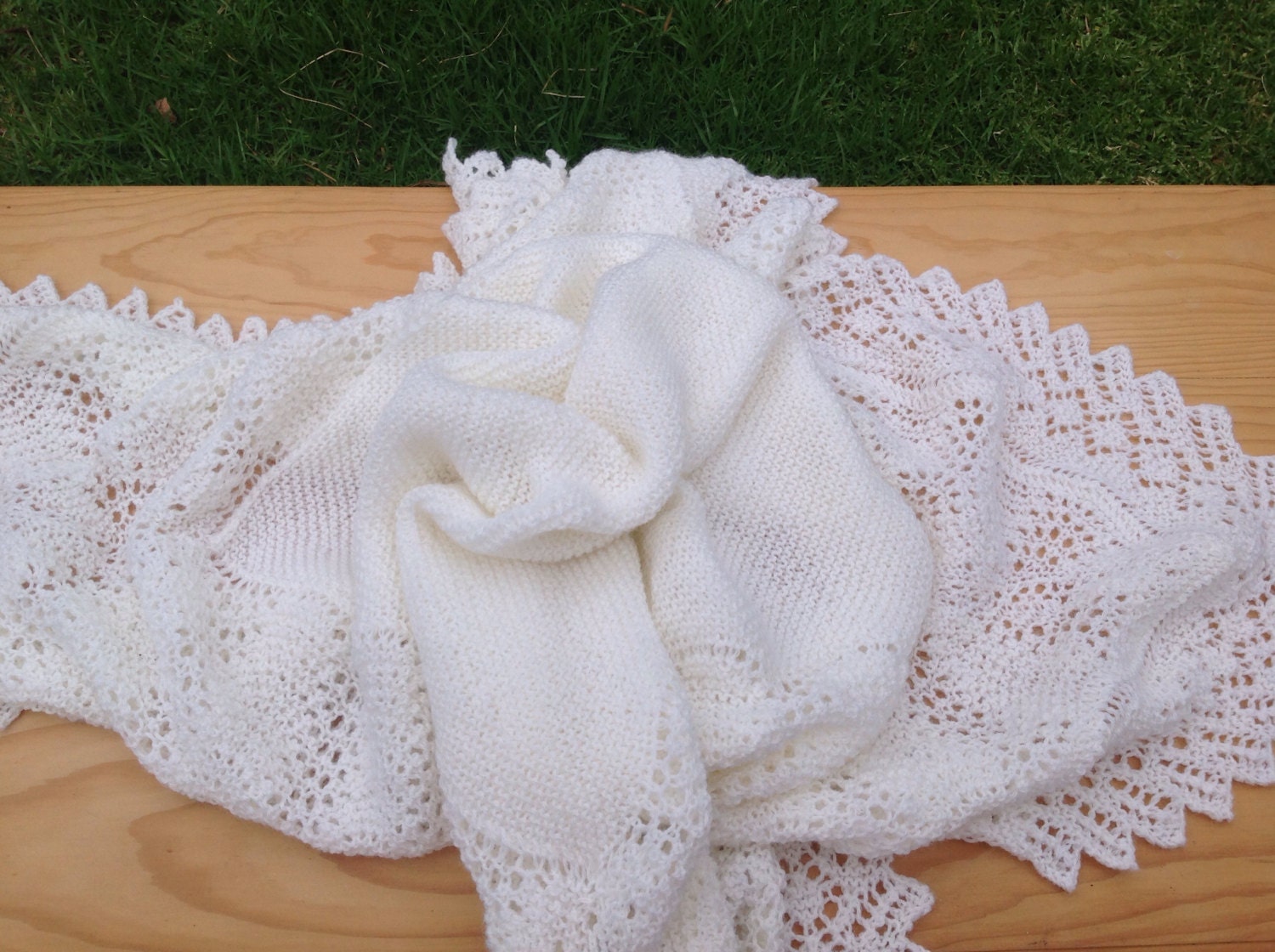 Hand knitted baby shawl pale cream/antique white.