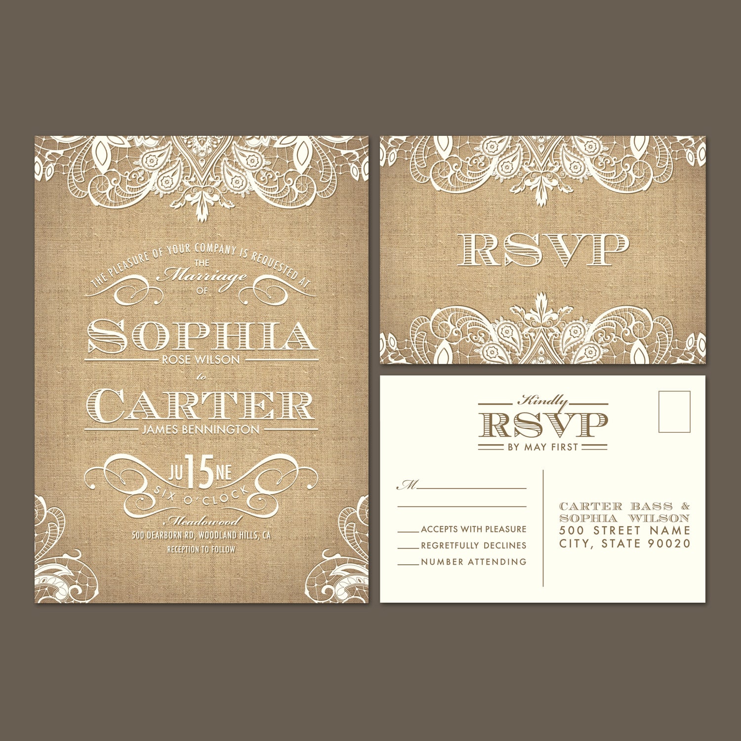 Digital Burlap Lace Wedding Invitation and RSVP Postcard