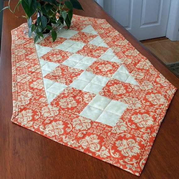 Quilted Orange Table Runner Handmade Patchwork