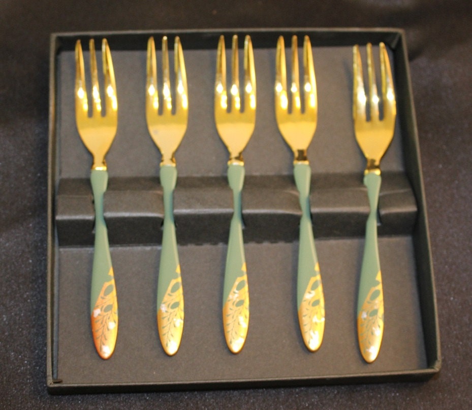 Vintage Beautiful Stainless Steel Cocktail Forks Green and Gold Haute