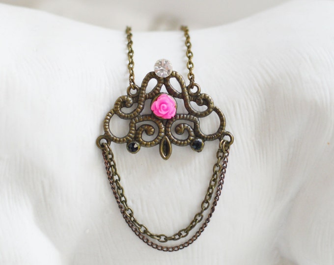 SALE! Delicate necklace with metal brass with Swarovski crystal and rose from polymer clay