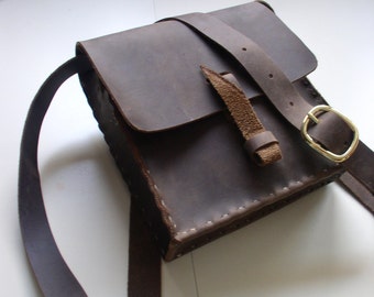 CSherwoodLeather Dark Chocolate Brown Handmade Leather Purse, Handbag, Rustic Small Messenger Bag, with Brass Buckle