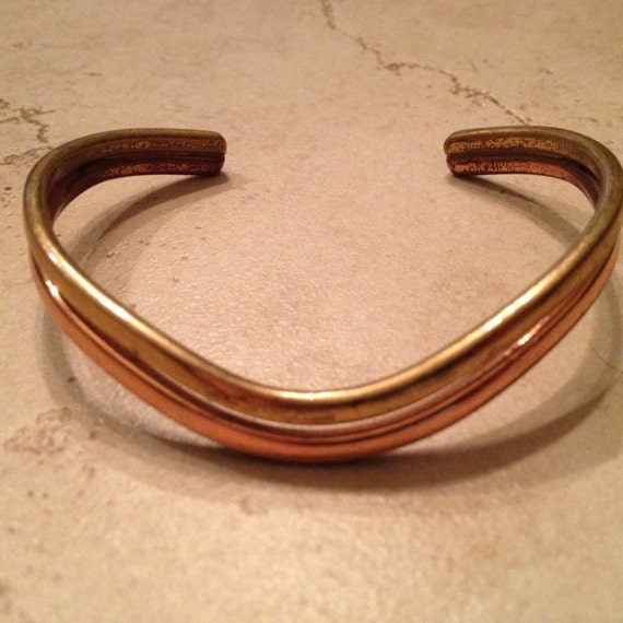 Vintage Copper and Brass Bracelet Wave Modernist Cuff Jewelry