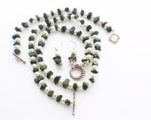 Necklace, Bracelet, And Earring Set. Semi Precious Green And Black Beading With White Pearl Effect Seed Beads. 925 Sterling Silver Clasps