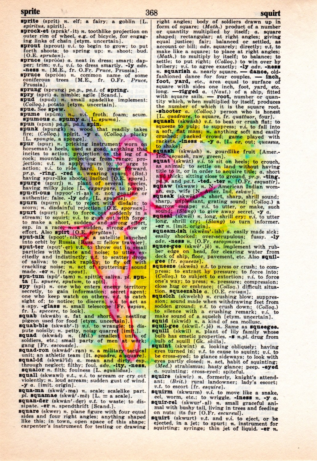 Repurposed Dictionary Art Featuring Hand Painted Watercolor of