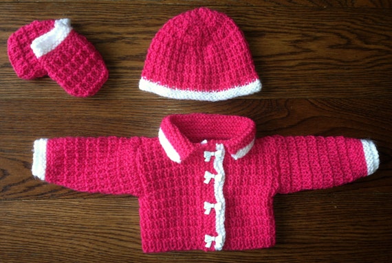 Early Baby Girl Hand Knit Crochet Cardigan Beanie Hat & Mitts