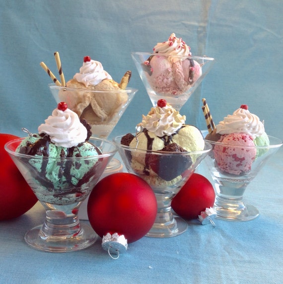 5 Ice Cream Sundae Christmas Ornaments Holiday Gift by KatarooClay