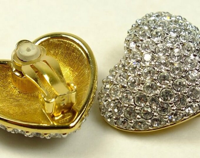 Storewide 25% Off SALE Beautiful Vintage Diamond Encrusted Gold Tone Heart Shaped Clip Earrings Featuring Beautiful Shimmering Style