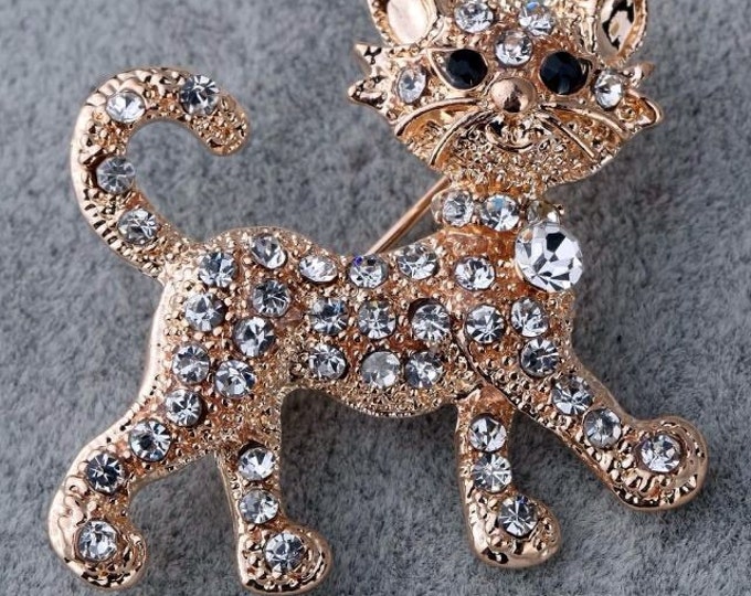 Storewide 25% Off SALE Vintage Textured Designer Gold Plated Strolling Kitten Pendant Featuring Articulated Rhinestone Accents and Style