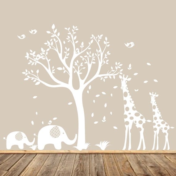 White Nursery Tree Decal Animal Nursery Art Baby Nursery
