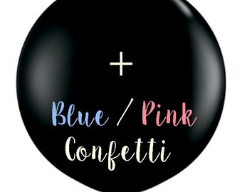 36 inch giant gender reveal black balloon with pink or blue confetti! Gender reveal balloon