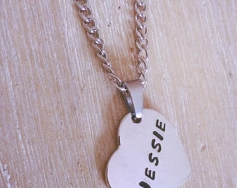 Personalised Name Necklace - Hand Stamped. Silver Heart.