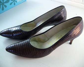 Vintage Lizard Pumps Teju Lizard Pumps Brown Leather Pumps Teju Lizard Shoes Lizard Pumps Vintage Womens Shoes Classic Pumps Sz 9.5