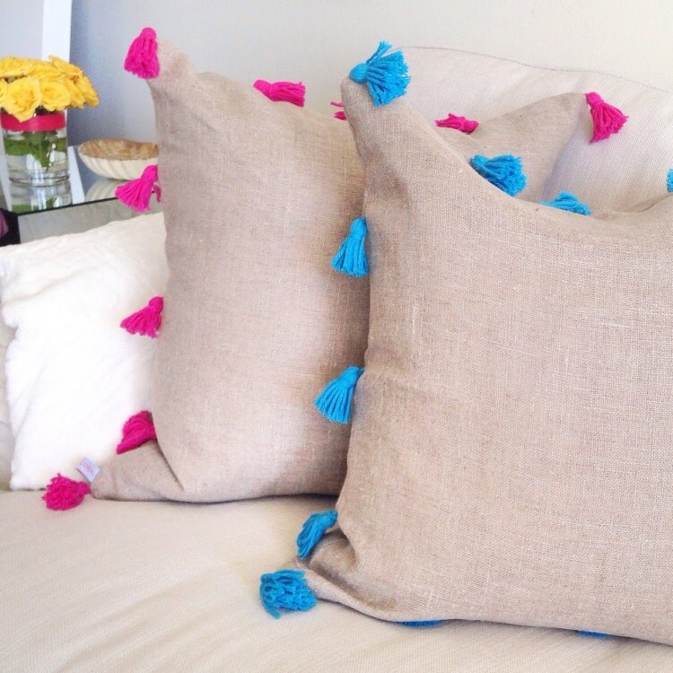 Aura Pink Linen Tassel Pillow COVER by CreamCoralCollection