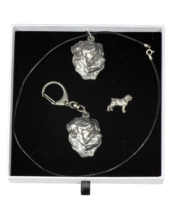 NEW Rottweiler dog keyring necklace and pin in casket